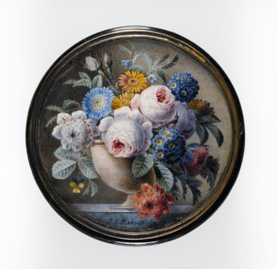 Skildpadde-skal æske med en miniature af blomster i en stenvase på en marmorplade, 1827 (wc og kropsfarve på kort, sat under glas i et beslag af forgyldt metal) af Pierre Joseph Redouté