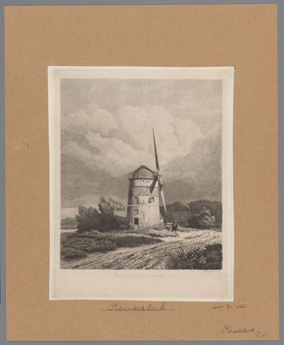 Udsigt over Steenenmolen eller Rembrandts vindmølle i Koudekerk aan den Rijn Rembrandts vindmølle i Koukerk (titel på objekt) af Pierre Louis Dubourcq
