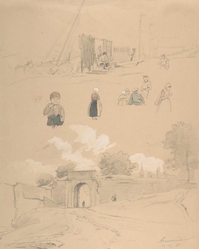 Studieark med figurer og landskaber ved Arnemuiden ved Middelburg..., midten af 1800-tallet. af Pierre Louis Dubourcq