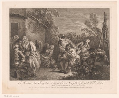 Ragotin bevlucht i en lyserød Skæbnen trækker Ragotin fra rosenbusken, som han havde kastet sig ind i, mens han flygtede fra La Rancune, som han troede var død. Scener fra Roman Comique van Scarron (serietitel) af Pierre Louis Surugue