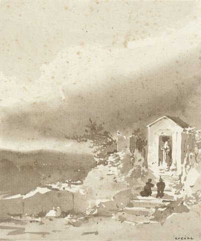 To knælende mennesker på trappen foran et kapel i bjergene af Pierre Luc Charles Ciceri
