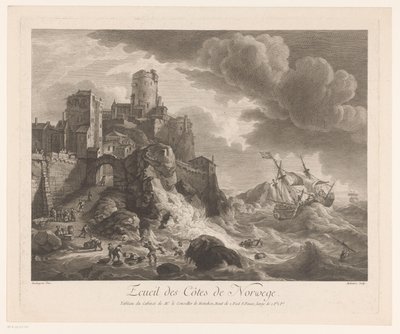 Norges kyst med skyllede sømænd Ecueil des Côtes de Norway (titel på objekt) af Pierre Maloeuvre