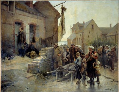 Tilbage fra Tempete En sømand banker på døren til en kvinde af en synder, der døde i et tempete for at fortælle hende nyheden. Maleri af Pierre Marie Beyle (1838-1902) Fecamp fra det 19. århundrede, Museum of the Newfoundland af Pierre Marie Beyle