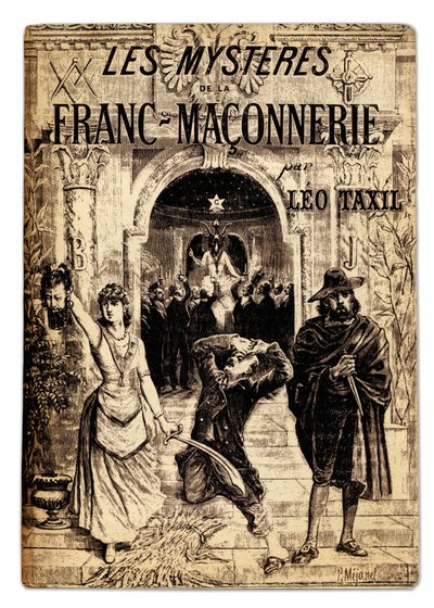 Frontispice fra det antimakoniske værk "Les mysteres de la Franc-masonnerie" af Marie Joseph Gabriel Antoine Jogand-Pages (Jogand Pages) kaldet Leo Taxil (1854-1907), der beskriver mysterierne ved de makoniske ritualer, illustration af Pierre Mejanel. 19.  af Pierre Mejanel
