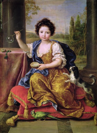 Marie-Anne de Bourbon (1666-1739) Mademoiselle de Blois, blæser sæbebobler (olie på lærred) af Pierre Mignard