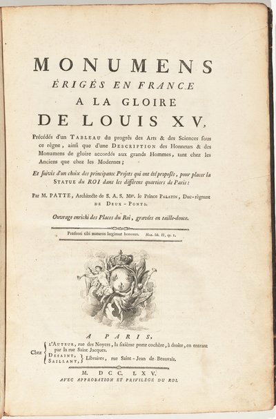 Monumenter rejst i Frankrig til ære for Ludvig XV, efterfulgt af en tabel over kunstens og videnskabernes fremskridt under denne regeringstid,... Værk beriget med Places du Roi, indgraveret i dybtryk af Pierre Patte
