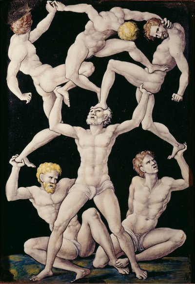 Plaque med akrobater, ca. 1550 (malet emalje på kobber) af Pierre Penicaud