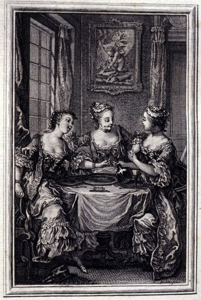 La Gageure des trois commeres - i "" Fortællinger og noveller på vers"" af Jean La Fontaine. 1776. Illustration af P.P. Choffard. af Pierre Philippe Choffard