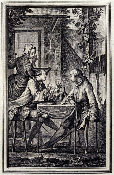øresneglen eller muslingekompotoren. I "Tales et nouvelles en vers" af Jean de La Fontaine, Amsterdam 1776. illustreret af P.P.Choffard. af Pierre Philippe Choffard
