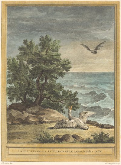 Flagermusen, Bushen og Anden af Pierre Philippe Choffard after Jean Baptiste Oudry
