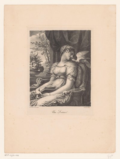 Siddende kvinde med bog og hvid fugl Une-forelæsning (titel på objekt) af Pierre Prud
