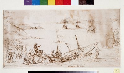 Boarding af tropper i Ciotat-bugten (blæk og pen på papir) af Pierre Puget