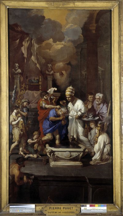 Konstantins dåb: Kejser Caius Flavius Valerius Aurelius Constantinus modtager nadveren af pave Sylvester I (helgen), i Johannes Lateranbasilikaen i Rom af Pierre Puget