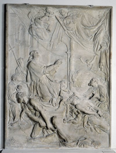 lavt relief af pesten i Milano - Saint Charles Borromee (San Carlo Borromeo) (1538-1584, kardinal og ærkebiskop af Milano) beder (marmor) af Pierre Puget