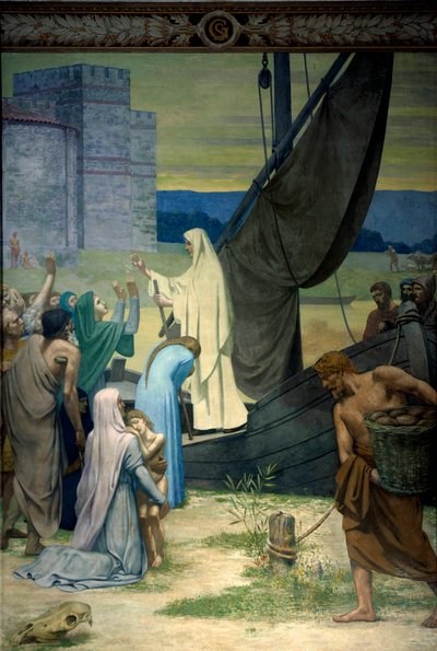 Sainte Genevieve forsyner parisere belejret af Attilas hær, hunernes konge. Fresco af Pierre Puvis De Chavannes (1824-1898) Paris fra det 19. århundrede. Pantheon af Pierre Puvis de Chavannes
