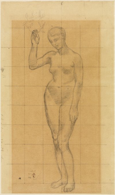 Stehender Frauenakt, schräg nach links, einen Kranz in der erhobenen Rechten af Pierre Puvis de Chavannes