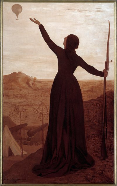 Bolden. Inskription på rammen: "Byen Paris investerede overlader til luften sit kald til Frankrig". En kvinde, der holder en bajonet, viser en ballon på himlen. Maleri af Pierre Puvis De Chavannes (1824-1898) af Pierre Puvis de Chavannes