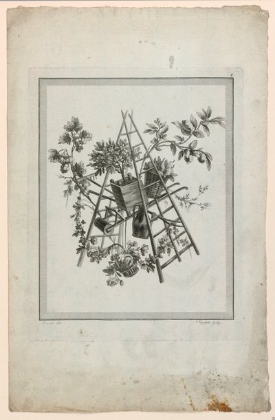 Trofæ med instrumenter til havearbejde, plade 2 fra "Suite of Different Attributes, Trophys and Flower Groups," Suite II af Pierre Ranson