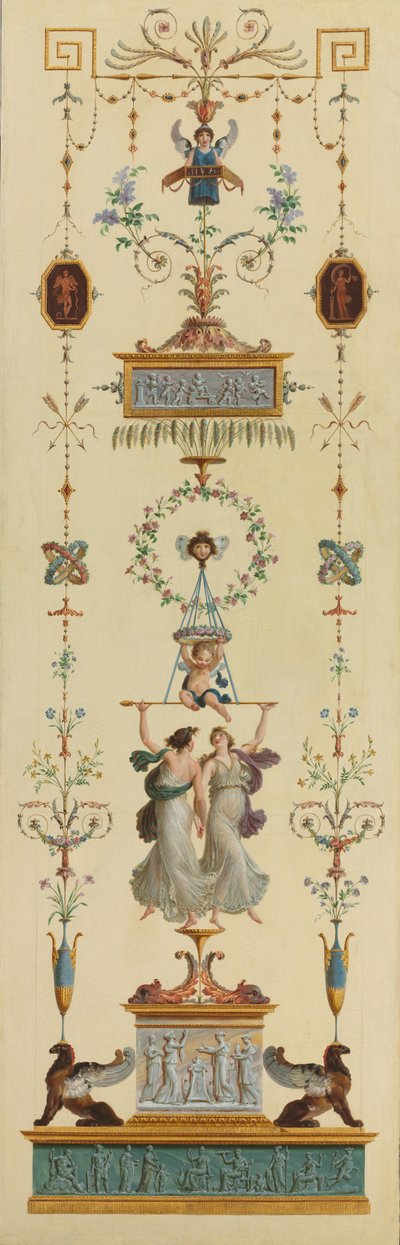 Dekorative paneler, dobbeltfløjede døre, overdørsmalerier af Pierre Rousseau
