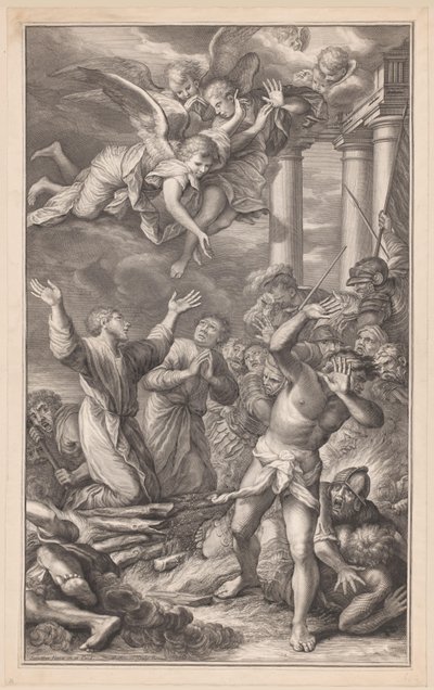 Cosmas og Damianus brændte på bålet, omgivet af soldater og engle af Pierre Simon (I)