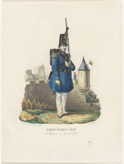Belgiske burgerwacht op wacht, 1830 Civic Guard 1r Ban / Voltigeur i sommerkjole (titel på objekt) af Pierre Simonau