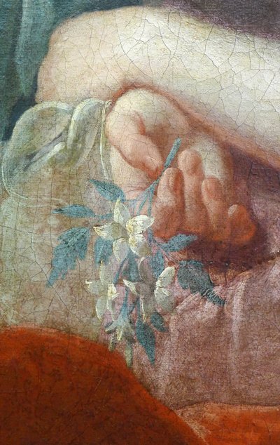 Hånd af en ung kvinde, der holder en blomstrende gren. Detalje af Portræt af Madame Poulhariex og hendes datter, omkring 1728 (olie på lærred) af Pierre Subleyras