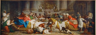Le repas chez Simon. Måltidet i Simons hus. Martha hælder olie over Kristi fødder og tørrer dem med sit hår ... af Pierre Subleyras
