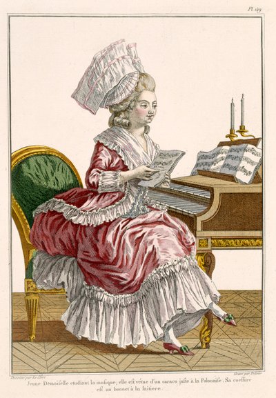 Ung kvinde studerer musik ved sit cembalo, plade 149 fra "Galerie des Modes et Costumes Francais", graveret af J. Pelicier, 1778 af Pierre Thomas Le Clerc