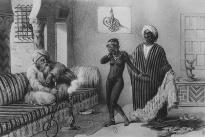 En ung pige fra Timbuktoo bliver tilbudt af en slavemester i Tripoli i 1854, fra "Voyages au Soudan et dans L"Afrique Septentrionale", indgraveret af A. Adam, 1850 af Pierre Tremaux