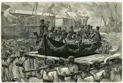 Processionen af Cirio på tærsklen til allehelgen, religiøse og populære, billedet af Jomfruen transporteres gennem hele byen på kanoen af et skib, der forsvandt i 1793, som de overlevende tilbød ex-voto Mirakuløse Jomfru. Gravering af af Pierre Vignal