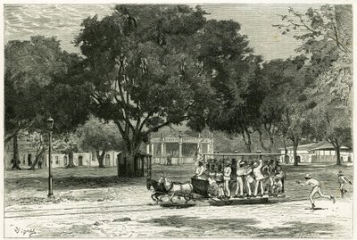 Sporvogn, skydning af heste, i havnen i Para (Brasilien), på largo i Nazareth. Gravering af Vignal, for at illustrere historien "Amazon og Cordilleres"" af Pierre Vignal