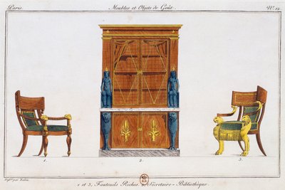 Lænestole og biblioteksskrivebord, tallerken 12, illustration fra Collection de meubles et objects de gout (Samling af møbler og smagsgenstande) af Pierre de La Mesangere