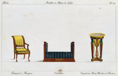 Flangelænestol, loveseat og stativbord, tallerken 211, illustration fra Collection de meubles et objects de gout (Samling af møbler og smagsgenstande) af Pierre de La Mesangere