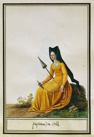 Fransk kvindelig bonde spinding, af Pierre Antoine Leboux de La Mesangere (1761-1831), akvarel af Pierre de La Mesangere