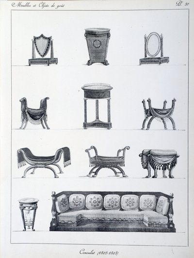 Møbler af periodens konsulat (1802-1803). Tallerken taget fra samlingen "" Collection de mobilier et objets de taste"" af Pierre de la Mesangere (1761-1831). Paris. Dekorativ kunst af Pierre de La Mesangere