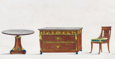 Mahognibord, kommode og stol, tallerken 241, illustration fra Collection de meubles et objects de gout (Samling af møbler og smagsgenstande) af Pierre de La Mesangere