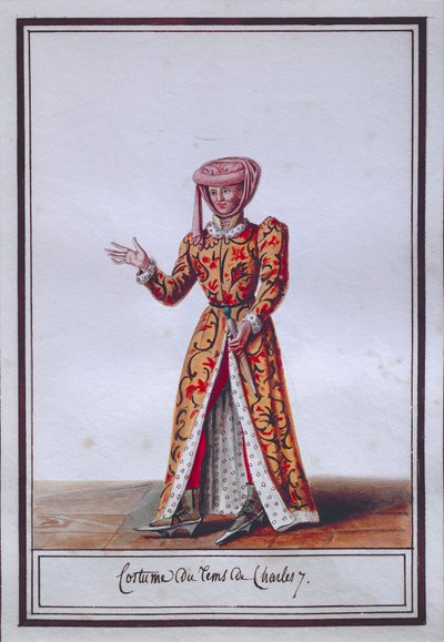 Kvinders modeplade, der viser kostume fra Charles VII (1403-1461), af Pierre Antoine Leboux de La Mesangere (1761-1831), akvarel af Pierre de La Mesangere