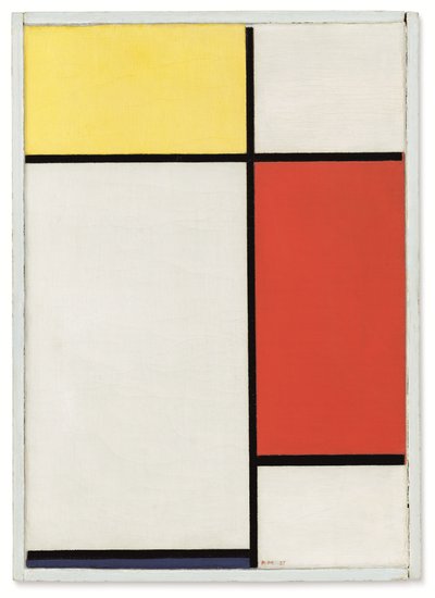 Sammensætning: No. II, med gult, rødt og blåt af Piet Mondrian