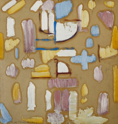 Komposition med lyserød, blå, gul og hvid (kirkefacade), ca. 1912 (olie på bord) af Piet Mondrian