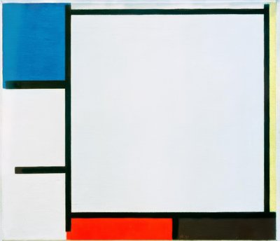Sammensætning med blå, gul, rød, sort og grå af Piet Mondrian