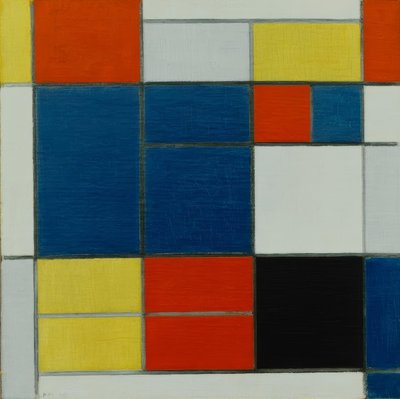 Sammensætning C; Sammensætning med gul, rød, blå-grå, blå mm. af Piet Mondrian