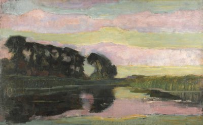 Flodlandskab med lyserød og gulgrøn himmel, ca 1907-1908. af Piet Mondrian