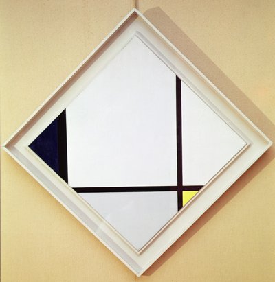 Tableau nr. I: Pastill med tre linjer og blå, grå og gul af Piet Mondrian