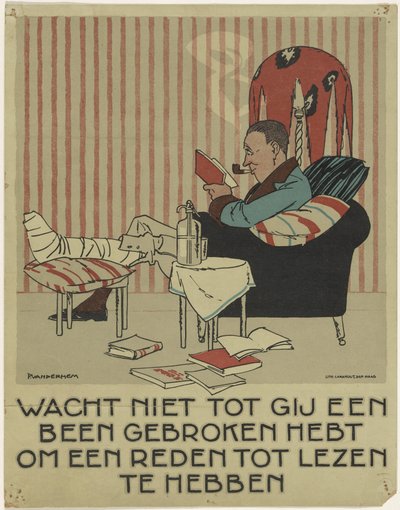 Mand læser med brækket ben i lænestol Kampagne for at promovere bogen (serietitel) af Piet van der Hem