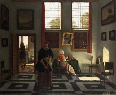 Interiør med maler, læsende kvinde og fejende tjenestepige, ca. 1665-70 (olie på lærred) af Pieter (1623 82) Janssens