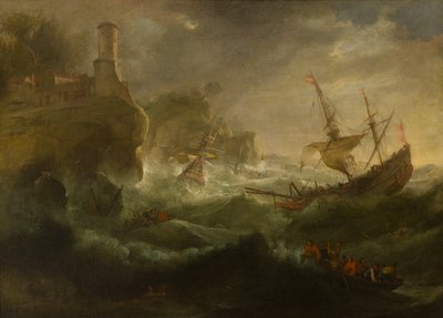 Ships Foundering off a Rocky Coast, ca. 1657-1701 (olie på lærred) af follower of Pieter Mulier