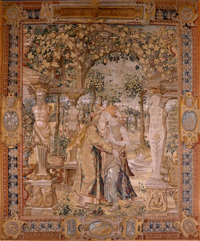 flamsk gobelin. Serien Vertumnus og Pomona. Vertumnus kysser Pomona. Syvende gobelin i serien. Model Circle af Pieter Coecke van Aelst. Fremstilling Wilhelm Pannemaker, Bruxelles. Ca 1545-1550. Stof Guld, sølv, silke og uld. Størrelse 430 x 365 cm. af Pieter (circle of) Coecke van Aelst