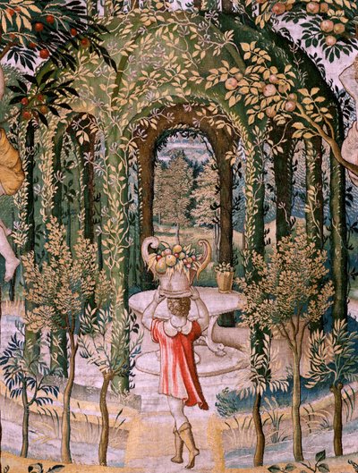 flamsk gobelin. Serier Vertumnus og Pomona; Vertumnus forvandlet til en gartner (Vertumno transformado en jardinero). Femte gobelin i serien. Modelkreds af Pieter Coecke Van Aelst og Léonard Thiry. Fremstilling Ukendt værksted, Bruxelles, før af Pieter (circle of) Coecke van Aelst