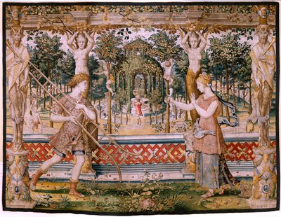 flamsk gobelin. Serier Vertumnus og Pomona; Vertumnus forvandlet til en gartner (Vertumno transformado en jardinero). Femte gobelin i serien. Model Circle af Pieter Coecke Van Aelst og Léonard Thiry. Fremstilling Ukendt værksted, Bruxelles, før af Pieter (circle of) Coecke van Aelst