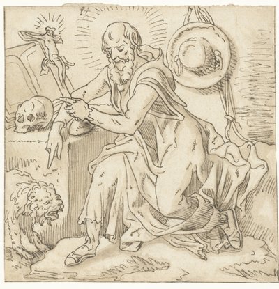 Sankt Hieronymus sidder ved et krucifiks, bog og kranie af Pieter Aertsen (workshop of)